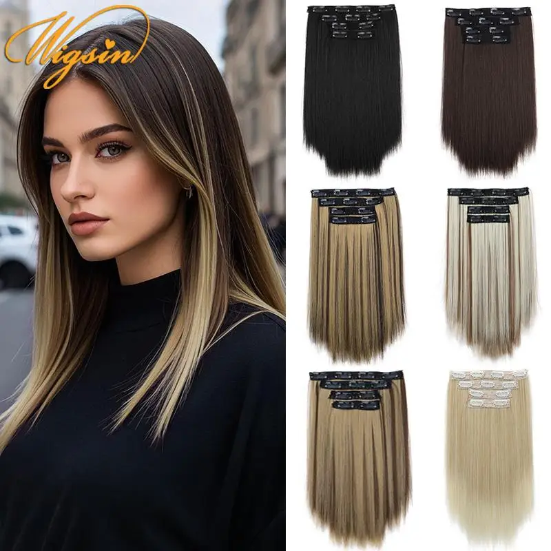 WIGSIN 14Inch Synthetic 4pcs/set Short Straight Clip-In Hair Extensions Black Blonde Hairpiece Easy to Wear for Women