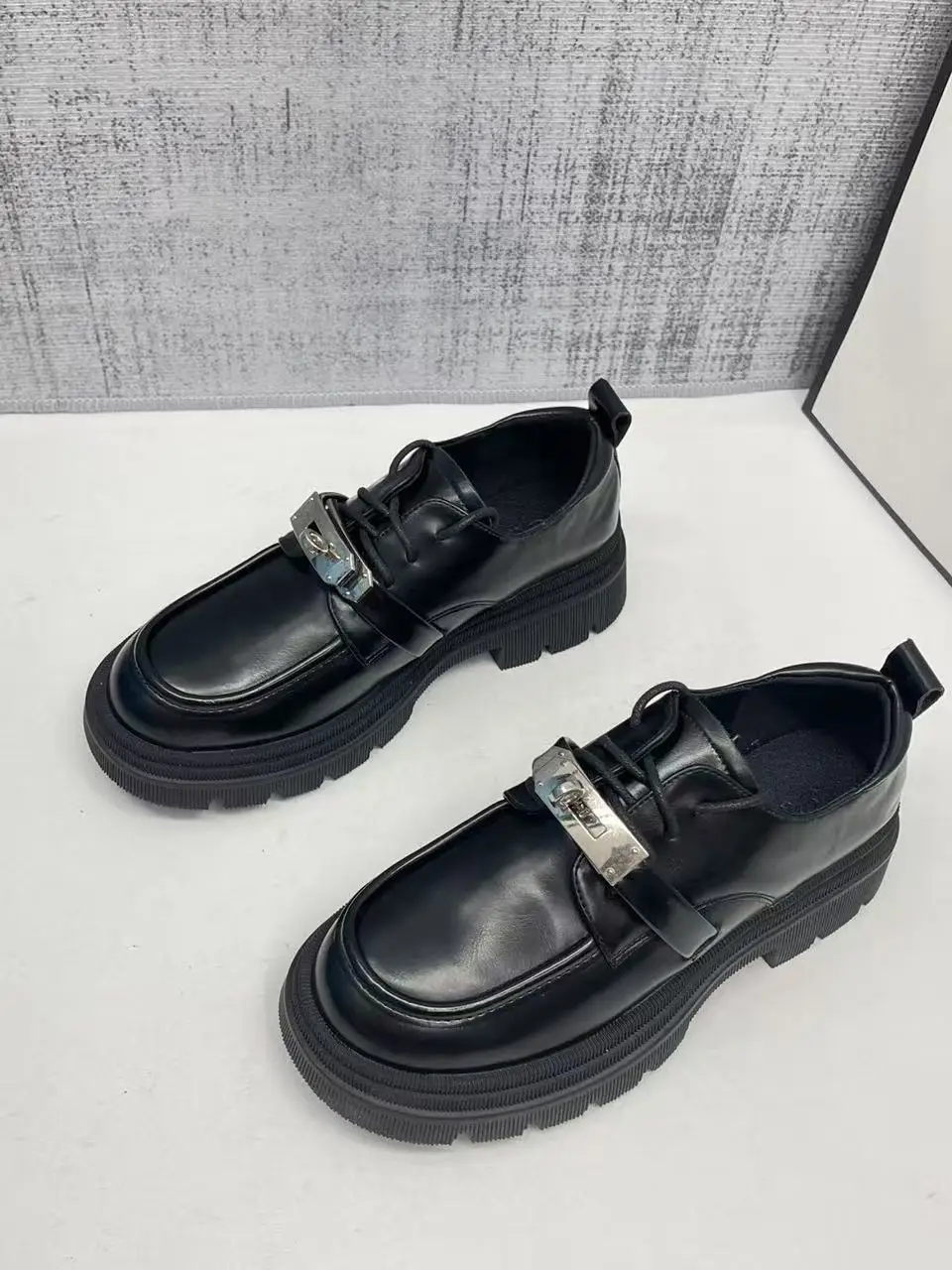 Elevated Thick Bottom Loafers British Style 2026 New Model Laced Lock Buckle Platform Flats Black Women's Single Shoes