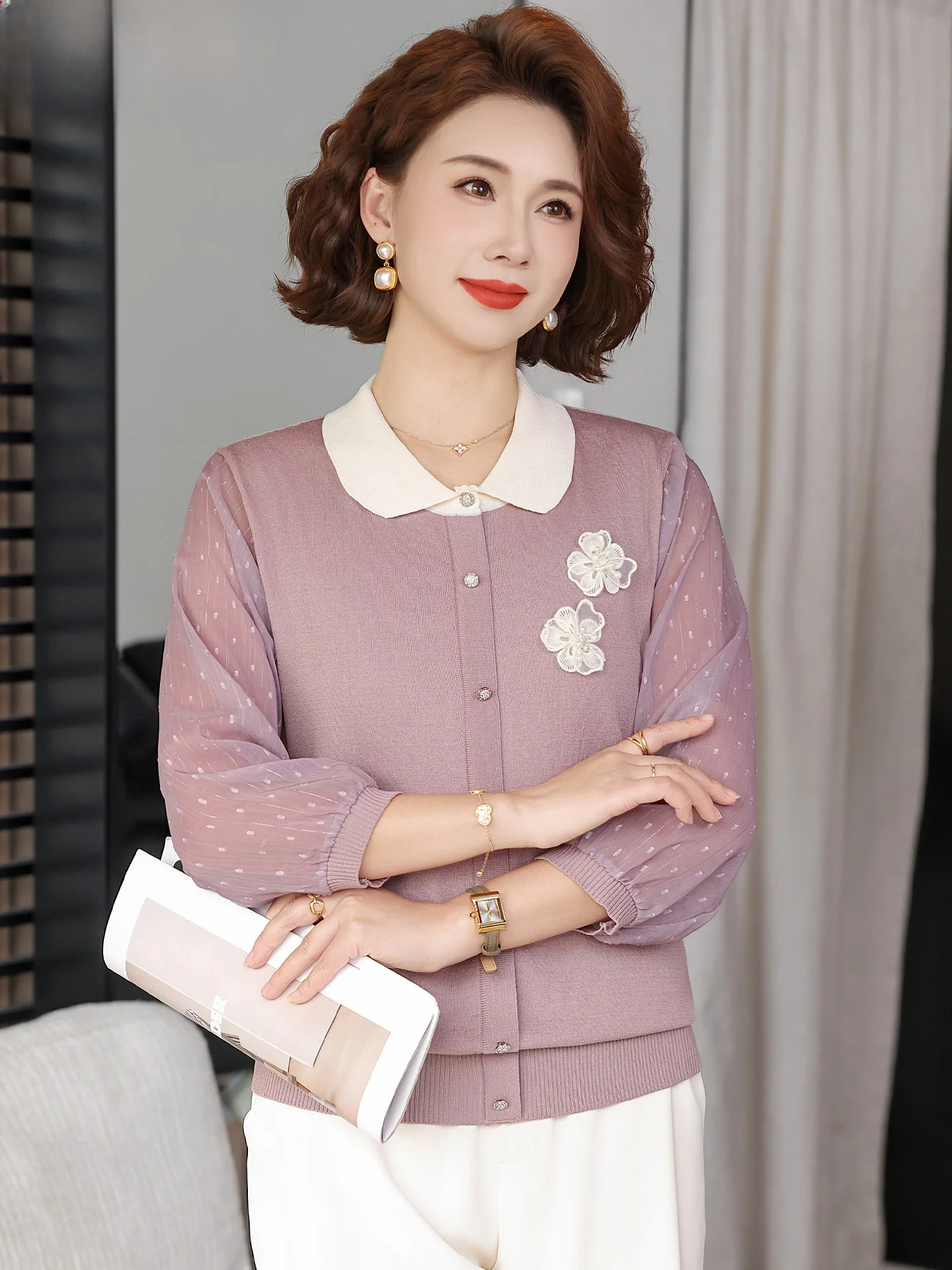 

Ele Knitted Sweater Spring Faion for Middle-Aged Women Base Layer irt Quali Polyester Fiber Open Cardigan Sle