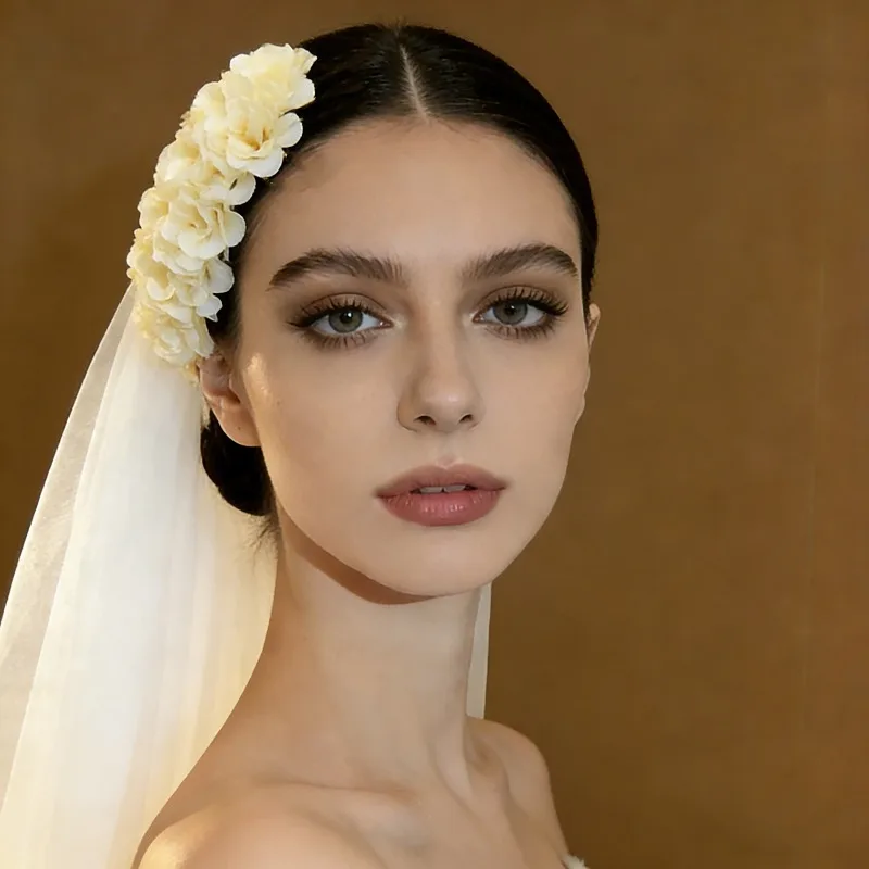 New Creative Pastoral Style Flower Hair Pins for Bride Sweet Gentle Purple Yellow Fabric Blossom Hair Sticks for Party Wedding A