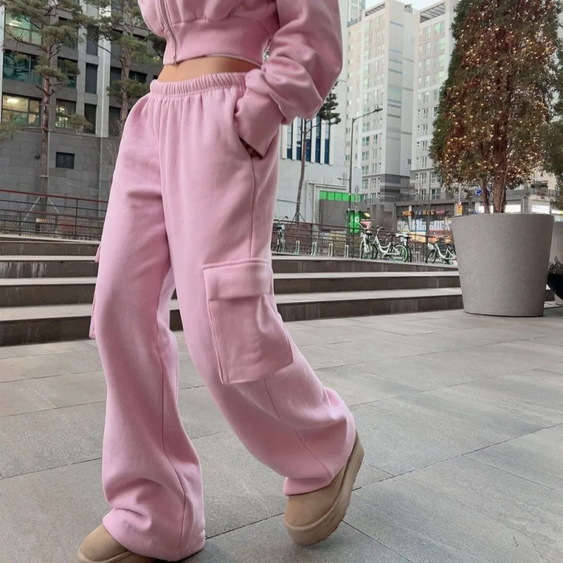 Side Pockets Straight Wide Leg Sweatpants Female Vintage Casual Loose Solid Colors Fleece Cargo Pants Women Streetwear Trousers