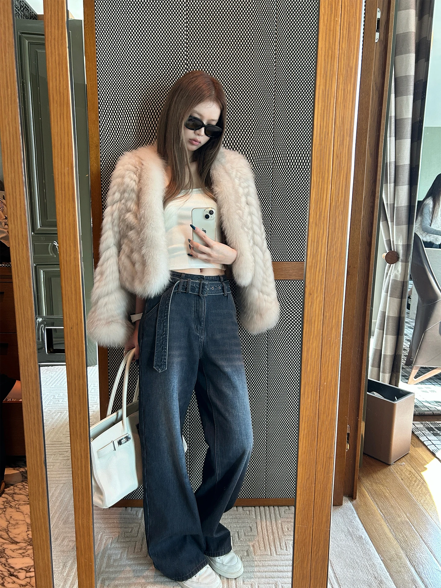 

Good Morning Fanfan Heavy Industry Vintage Wa Detachable Belted Fce Lined Straight Leg Denim Jeans Women's Casual Cotton
