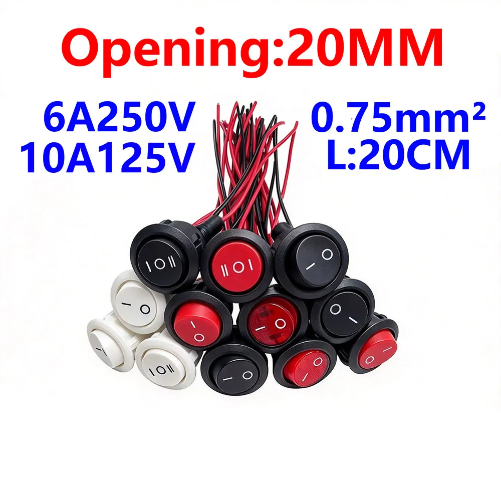 KCD1-105 6A250V 10A125V circular rocker switch with opening:20MM hole power button 12V 24V 220V, suitable for desk lamps cars
