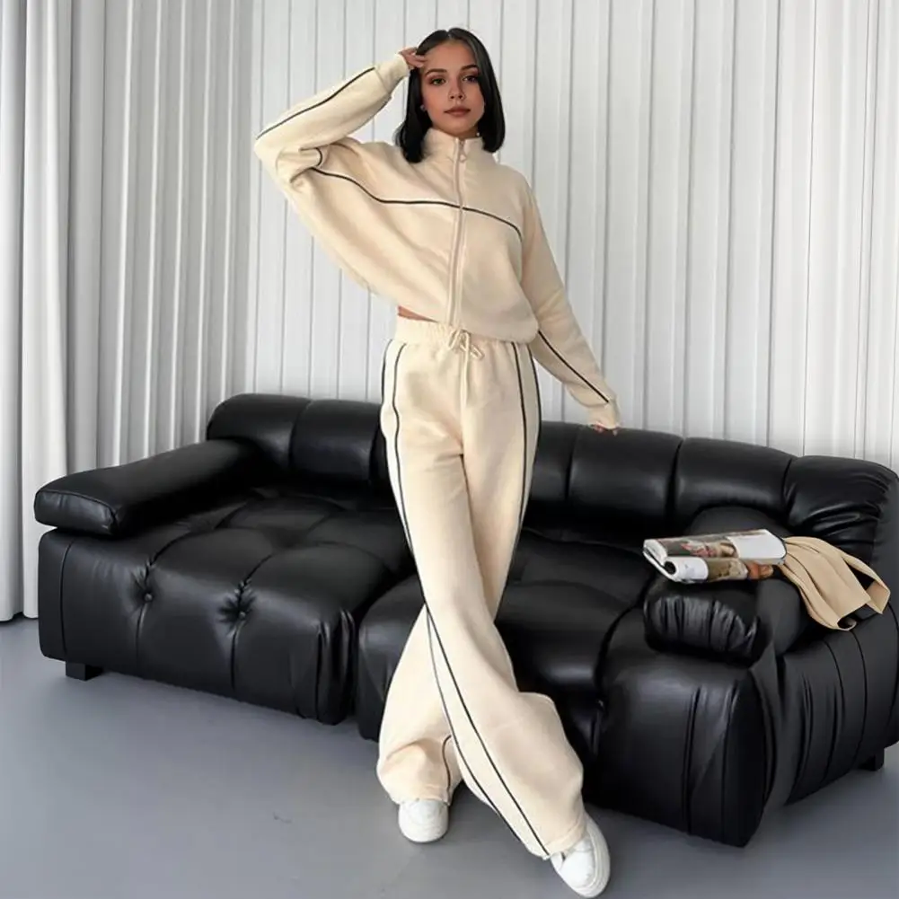 Women Fall Spring Suit Stylish Women\'s Winter Tracksuit Set with Half-high Collar Coat Wide Leg Pants Zip-up Long for Cold