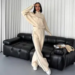 Women Fall Spring Suit Stylish Women's Winter Tracksuit Set with Half-high Collar Coat Wide Leg Pants Zip-up Long for Cold