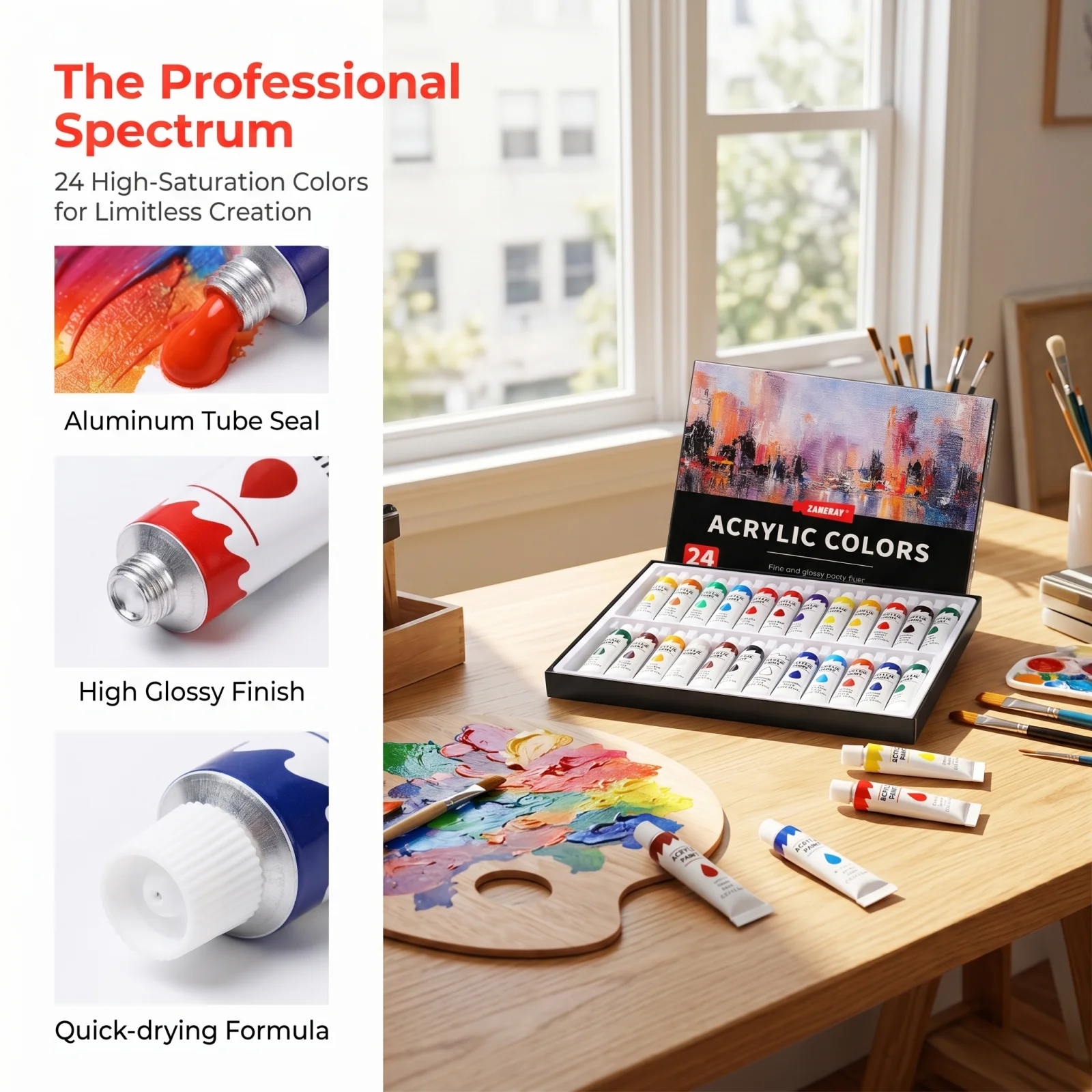 24 Colors Professional Acrylic Paint Set, 6ml Tubes for Canvas Wood Ceramic, Art Supplies for Beginners & Artists