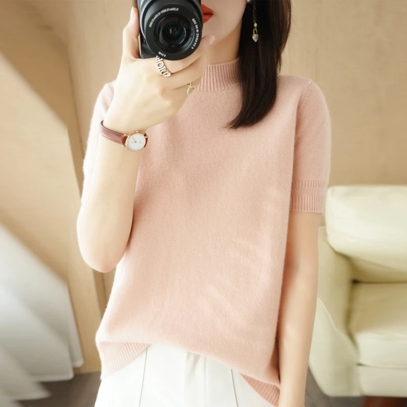 Spring Autumn Women Sweater Casual Warm Bottoming Shirts Mock Neck Basic Knitwear Short Sleeve Pullovers Korean Fashion Jumper