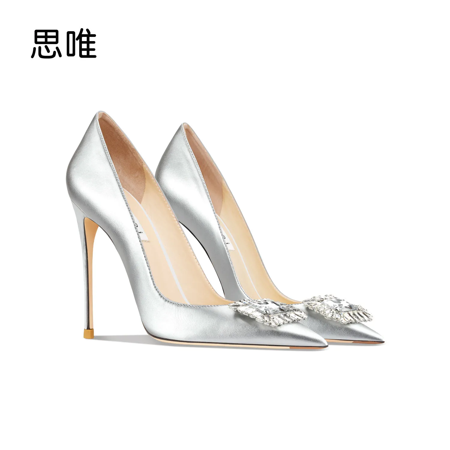 Woman shoes luxury women\'s shoes Women Heels Silvery Pumps Leather Rhinestone Crystal High Heels Pointed Toe Stiletto Party Shoe