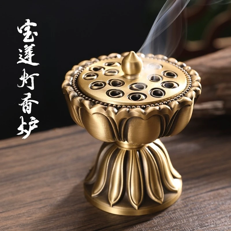 

Vintage Brass Lotus Incense Burner Metal Buddhism Buddha Holder Hollow Out Copper Three Legged Sandalwood Censer Home Decoration