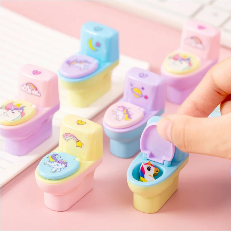 

48pcs/lot Creative Unicorn Toilet Shape Pencil Sharpener Eraser Cute Hand Mechanical Cutter Knife Stationery Gift School Supply