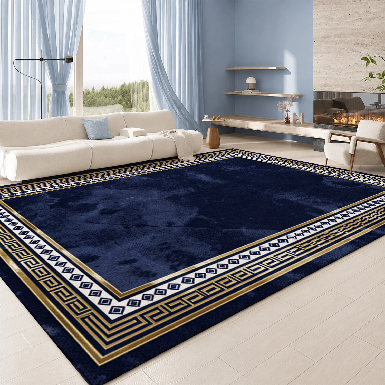 Navy Blue Greek Key Border Pattern Decorative Velvet Area Rug, Machine Washable, Suitable for Living Room, Bedroom, Dining Room, Entryway, Ideal for Halloween, Thanksgiving, Christmas, New Year, Black Friday Home Decor