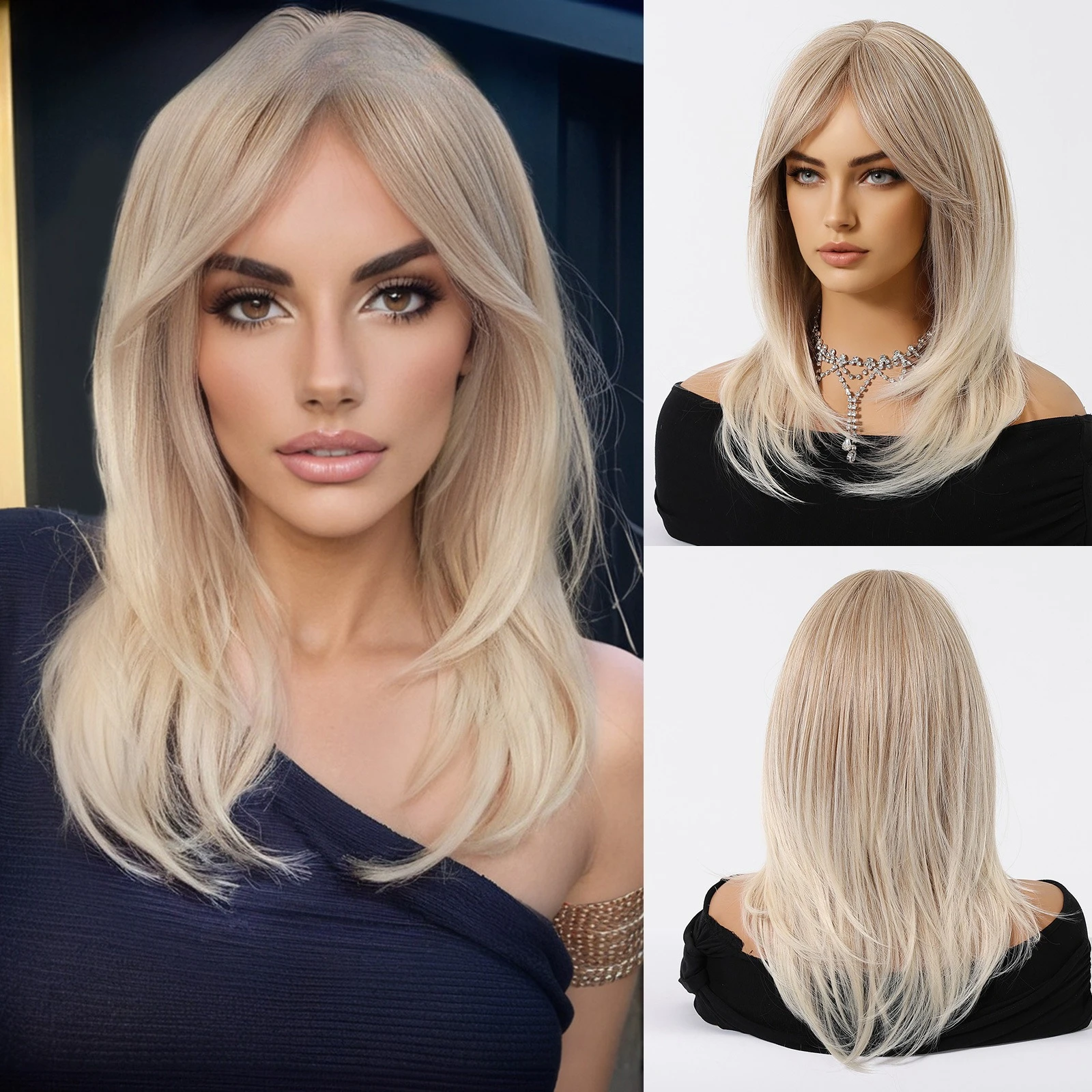 

Hot-selling fashion collarbone hair light gold eight-character bangs long hair micro-curl wig full hair wigs