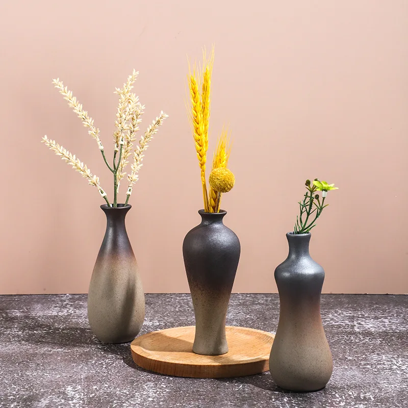 Coarse ceramic Chinese style retro vase, Zen gradient color small vase, hydroponic flower set, home decoration accessories