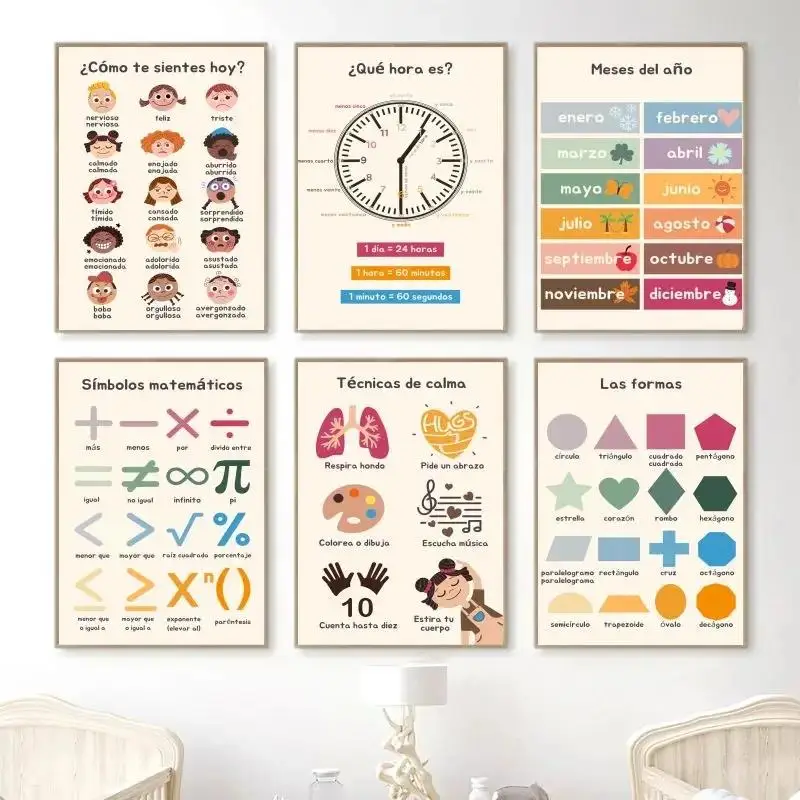 Boho Wall Art Number Alphabet Learning Poster Spanish Educational Posters And Prints Kids Toddler Playroom Decor Canvas Paint