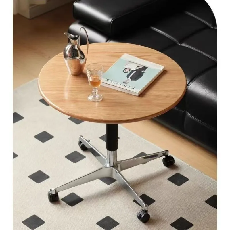 Solid wood log desktop aluminum alloy base Lifting coffee table, mobile round table with wheels Coffee dessert shop