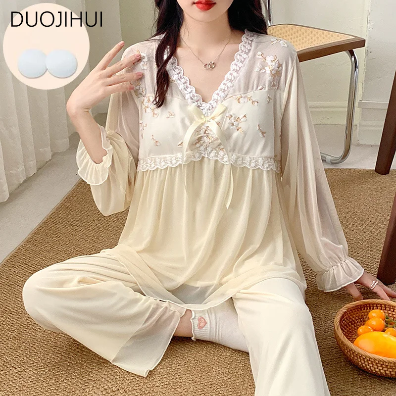 DUOJIHUI Apricot Chic Lace Sweet Bow Female Pajamas Sets Basic V-neck Pullover Basic Pant Fashion Casual Home Pajamas for Women