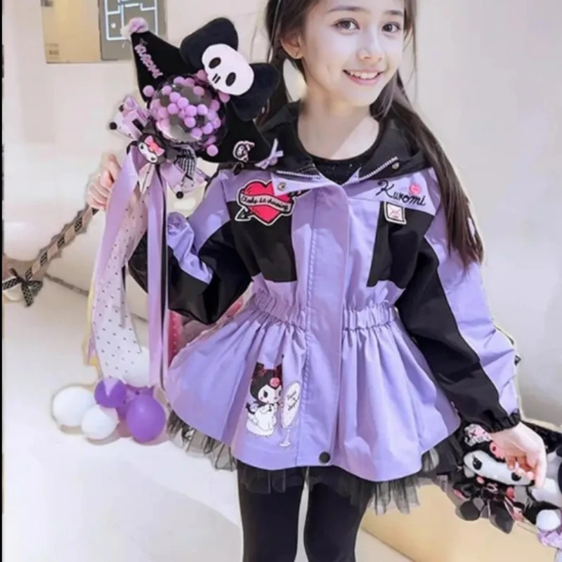 Miniso Sanrio Kuromi Girl Autumn New Children\'s Fashion Jacket Casual Trench Coat Birthday Gift.