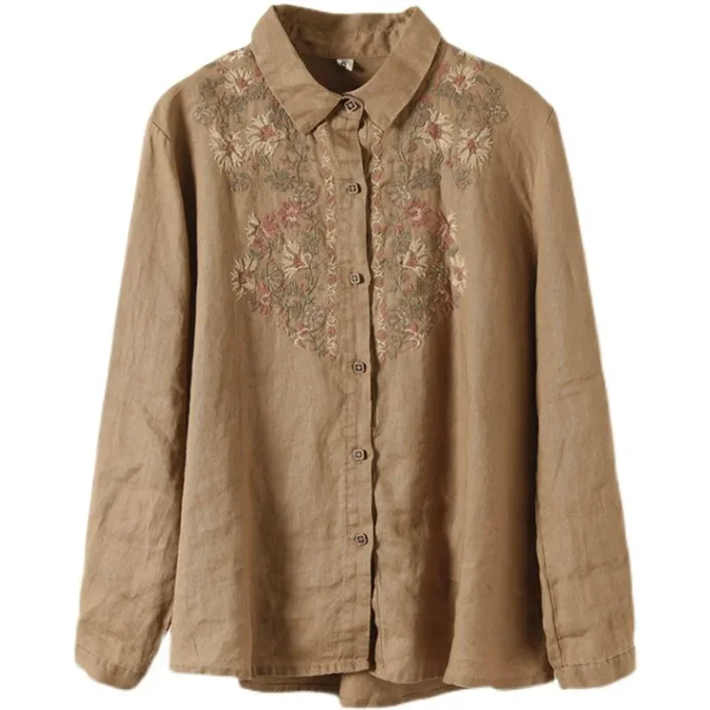 البلوزات الرجعية للنساء قميص وطني القطن قميص كتان فضفاض مطرز بلوزة التلبيب كم طويل سترة قمصان الإناث