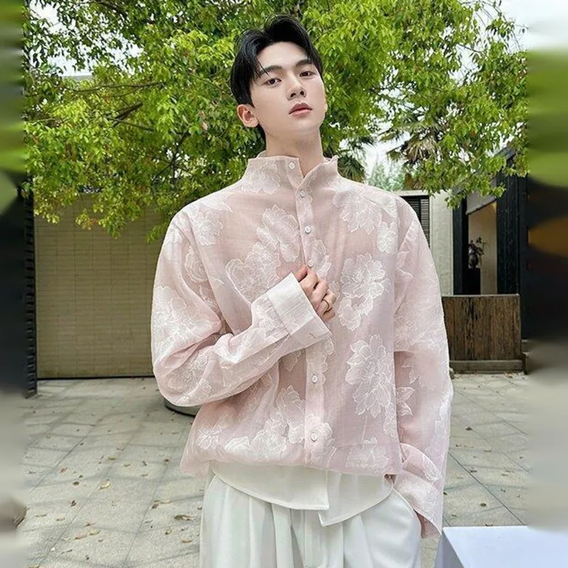 WVGA New Men's Summer Lightweight Printed Long Sleeve Shirts Unique Stand-up Collar Slightly Sheer Trendy Casual Tops Ins W23698