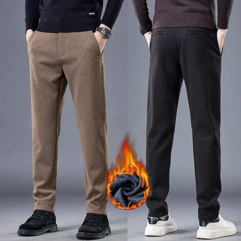 

Thick Winter Fleece Men's Straight Casual Pants Fashion Warm Comfortable Business Classic Velvet Trousers Male Brand Clothing