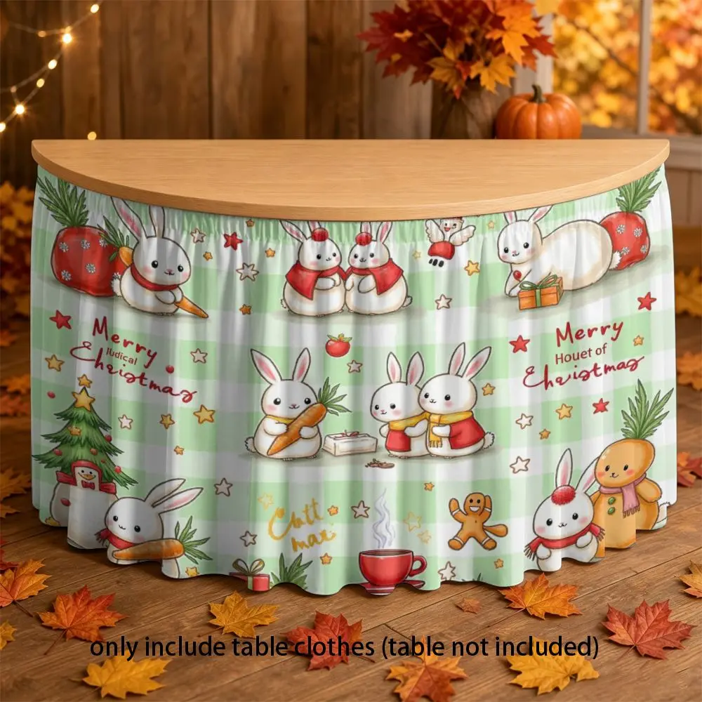 2D multi-functional tablecloth, featuring a cute rabbit Christmas pattern with stars and gifts.