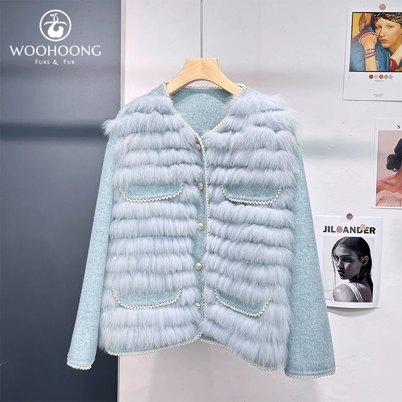 New Blue Real Fur Coat Women'S Short Natural Fox Hair Stripe Cashmere Reversible Jacket Korean Fashion