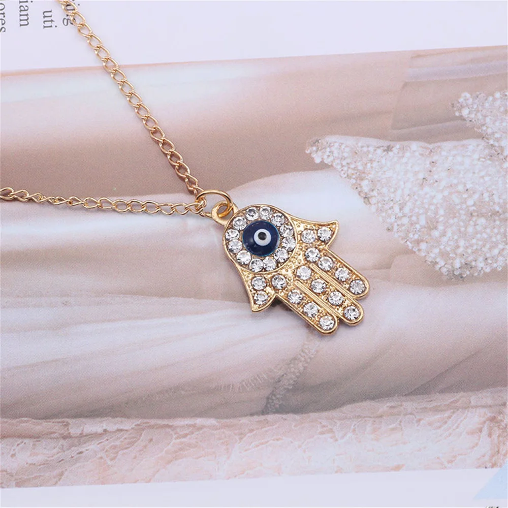 Turkish Evil Eye Hand of Fatima Pendant Necklace Zircon Lucky Blue Eye Clavicle Chain for Women Men Hip Hop Jewelry Gifts