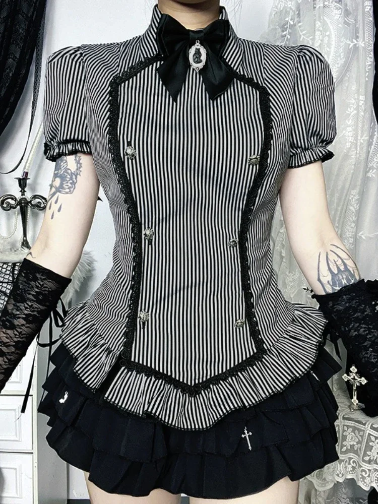 

2025 New Vintage Dark Academia Strip Shirts Women GothicY2k E-girl Lace Patchwork Ruffle Hem Puff Sleeve Blouse Cosplay Outfits