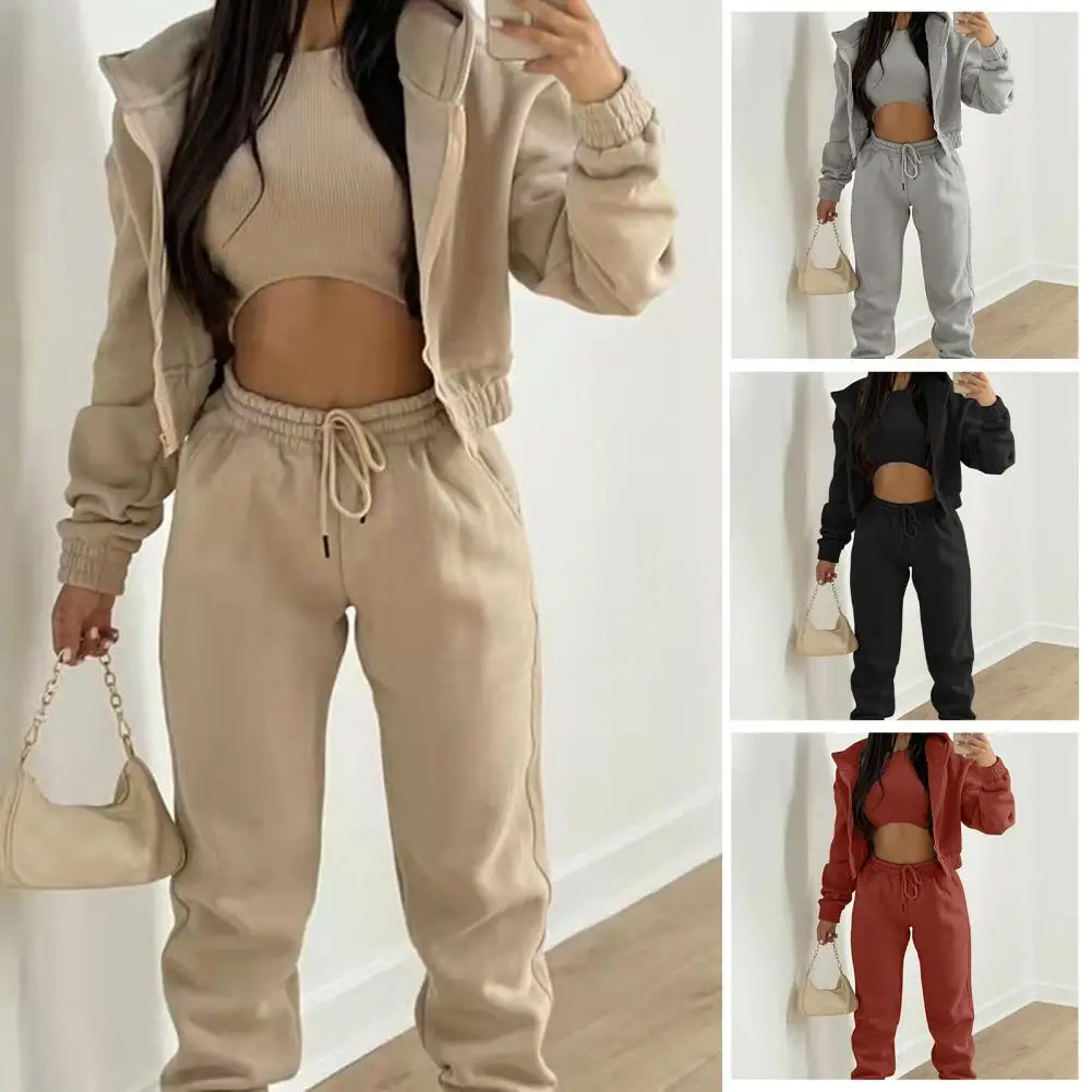 Women Suit Autumn Fashion Solid Color Simple Hooded Long-sleeved Zipper Sweater Sports Casual Pants Three-piece Suit In Waist