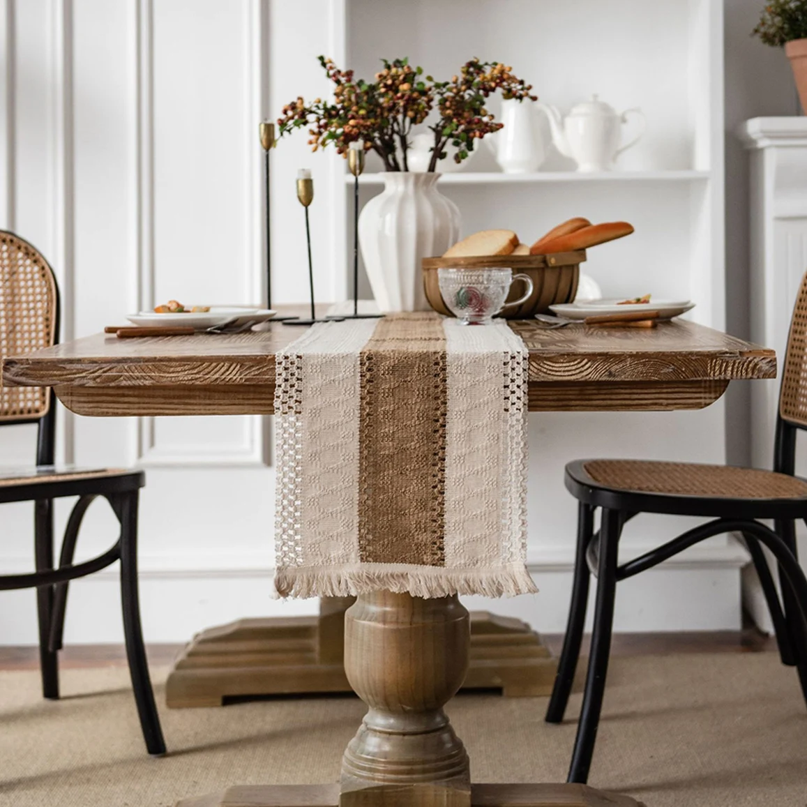 Table Runner Natural Cotton Burlap Striped Splicing Bohemian Style Tables Runner With Tassels Dining Wedding Home Decor