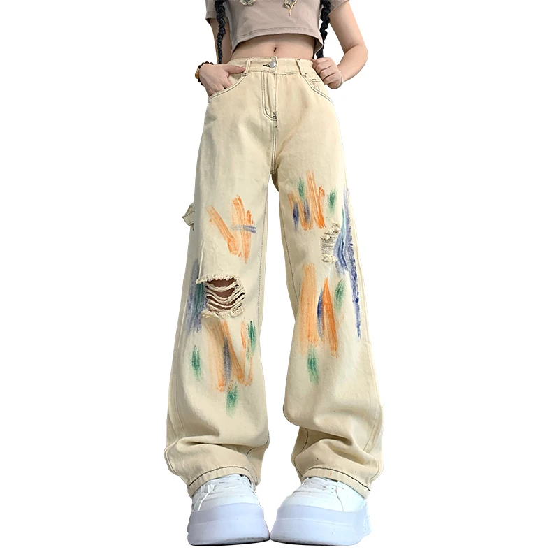 Soft Womens Tie-Dye Cargo Jeans Ripped Tassel Holes Hollow Out High Waist Wide Leg Y2K Baggy Denim Casual Pants Khaki Jeans