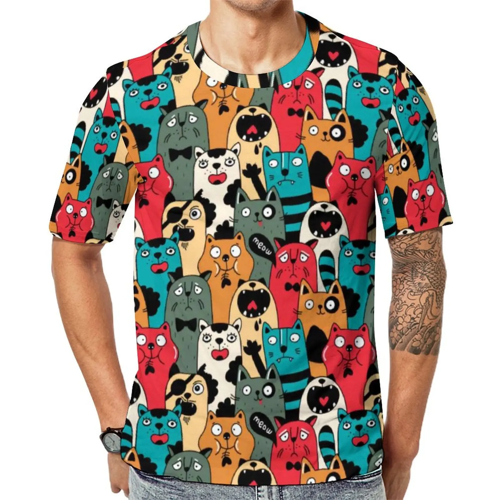 Cartoon Cat T-Shirt For Male The Crowd Of Cats Graphic O Neck T-Shirts Summer Retro Clothes Short Sleeve Awesome Big Size Tees