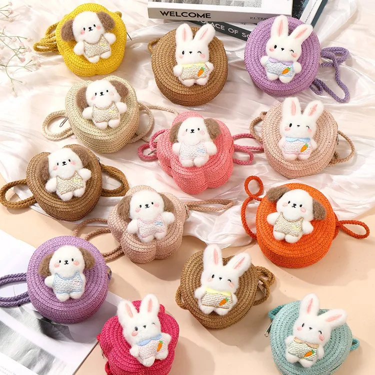 Simpatica bambola di peluche per bambini Borse a tracolla in paglia Borsa a tracolla per vacanze al mare per ragazze Estate Borse rotonde per bambini piccoli Portamonete