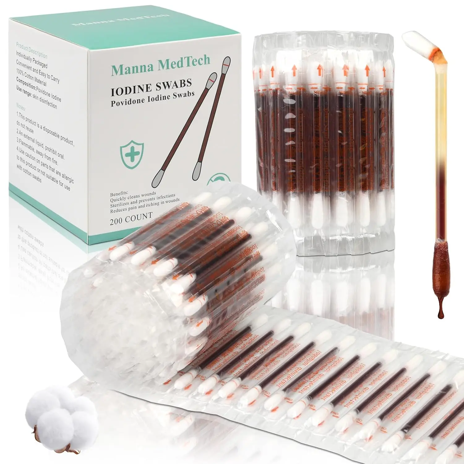 

Sterile Iodine Swabs 200 Count – Snap & Flow, Organic Cotton, Individually Wrapped for Cuts & Scrapes