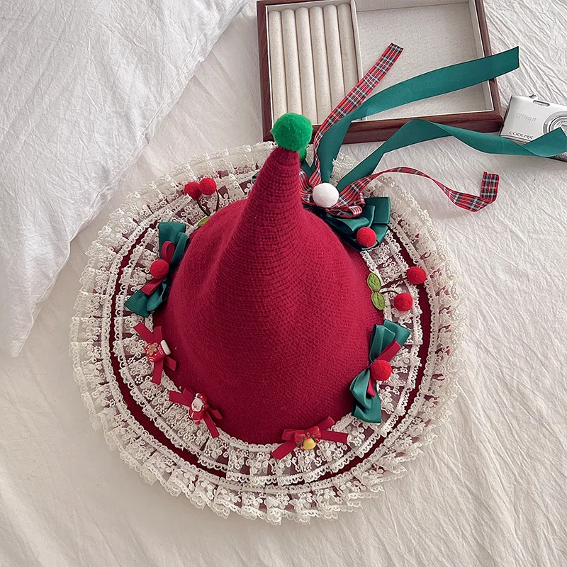 Sombrero de bruja de Navidad Original japonés Lolita, lazo de encaje, sombrero de cuento de hadas para mujer, accesorios de disfraces de fiesta, tocado con lazo