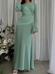 2024 Elegant Women's Long Dress O-neck Flare Sleeves Slim Fit Draped Dress Celebrity Cocktail Evening Party Vestidos