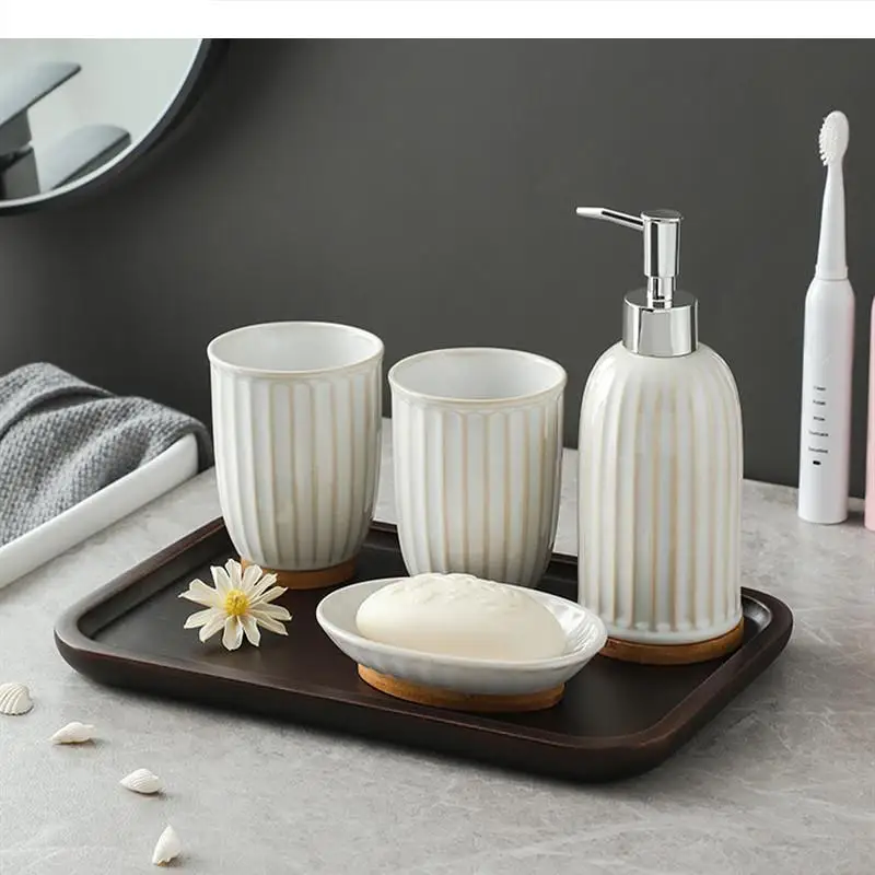 Ceramic Wash Set Bathroom 4-piece Wooden Pallets Lotion Bottle Mouth Cup Soap Dish Accessories Sets Home Toiletries