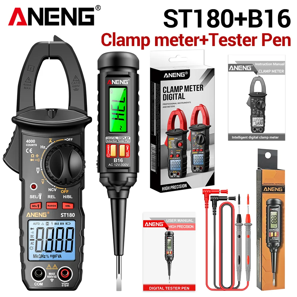 Stroomtang ST180 ANENG Wisselstroom 4000 Count Stroomtang met B16 Spanningstester 12-300V Diagnostische Breekpuntzoeker