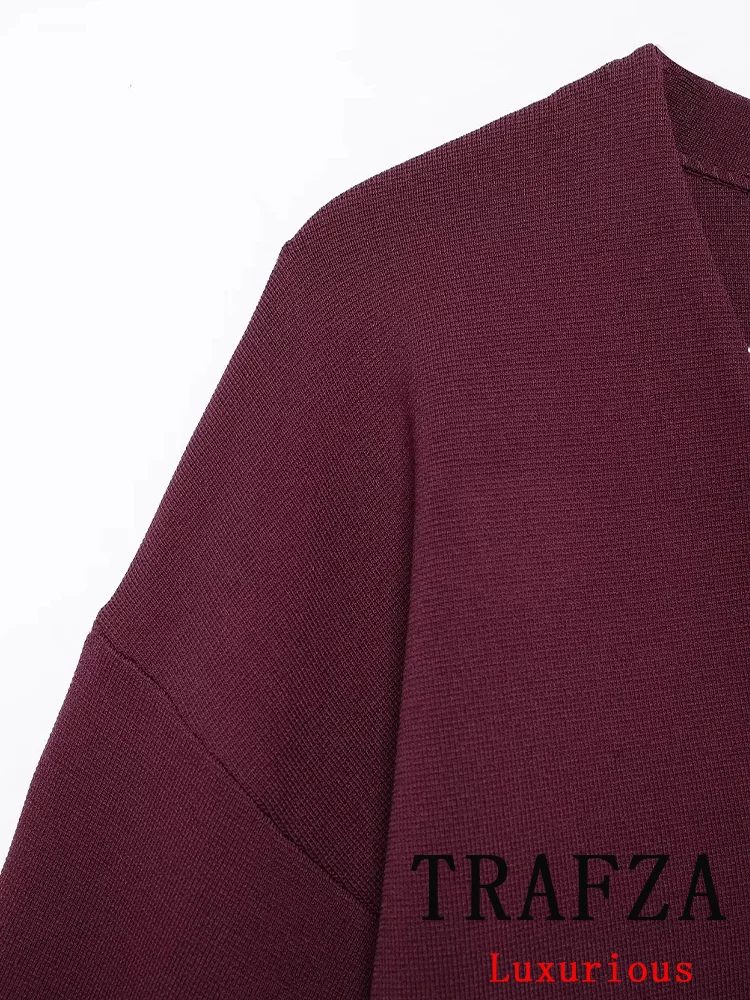 TRAFZA Vintage Chic Claret Women Knit Suit V-Neck Long Sleeve Loose Cardigans Sheath Mini Skirt Fashion 2024 Autumn Winter Suit