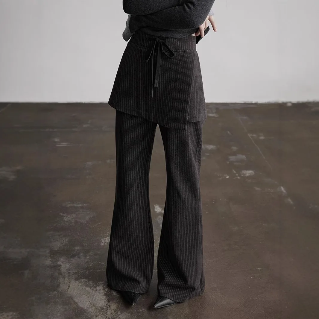 Autumn New Design Black Temperament Long Pants Fake Two Slim and Versatile Bootcut Casual Skirt Pants for Women