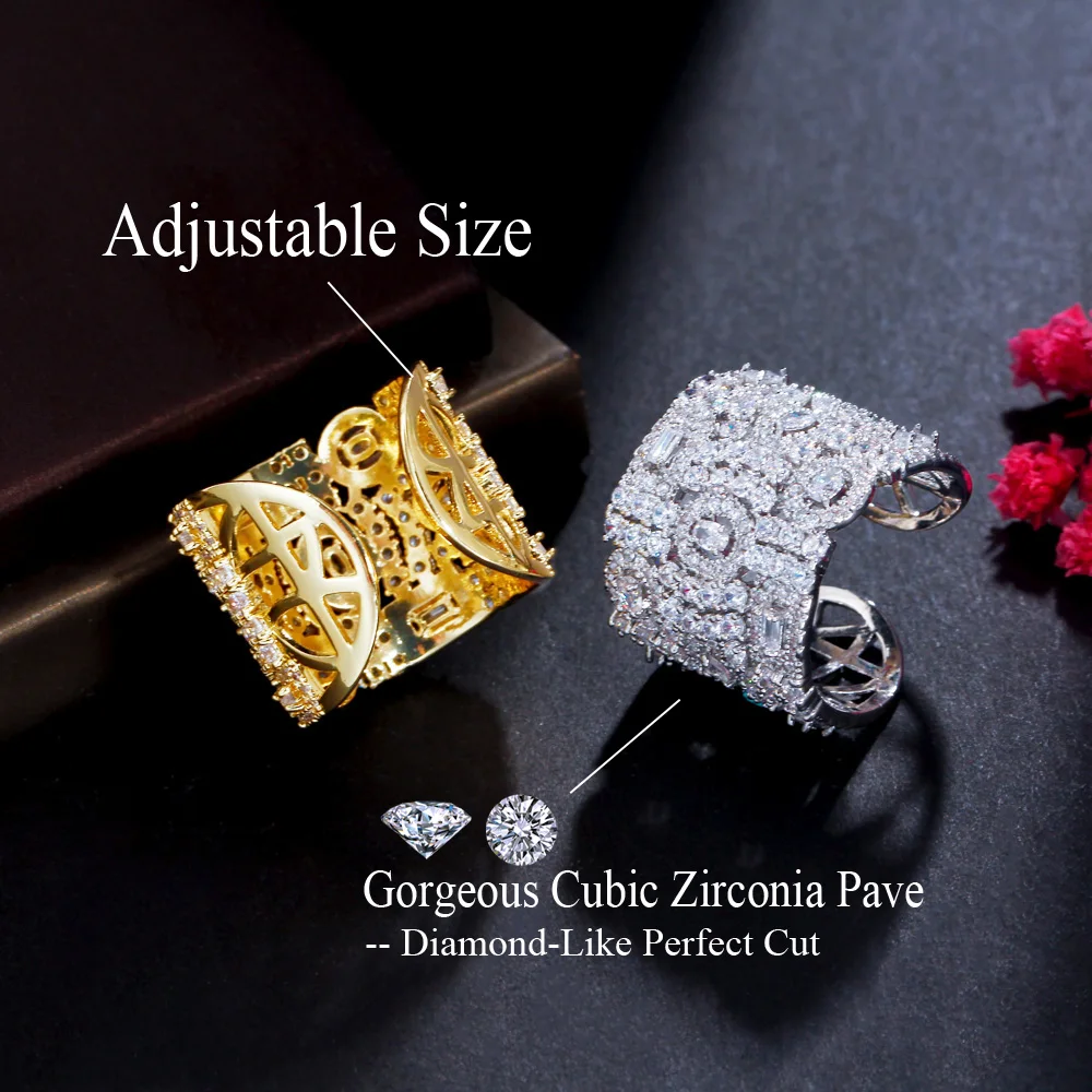 CWWZircons Chunky Cubic Zirconia Paved Shiny Wide Big Dubai Gold Plated Open Cuff Wedding Engagement Rings for Women Jewel J0191