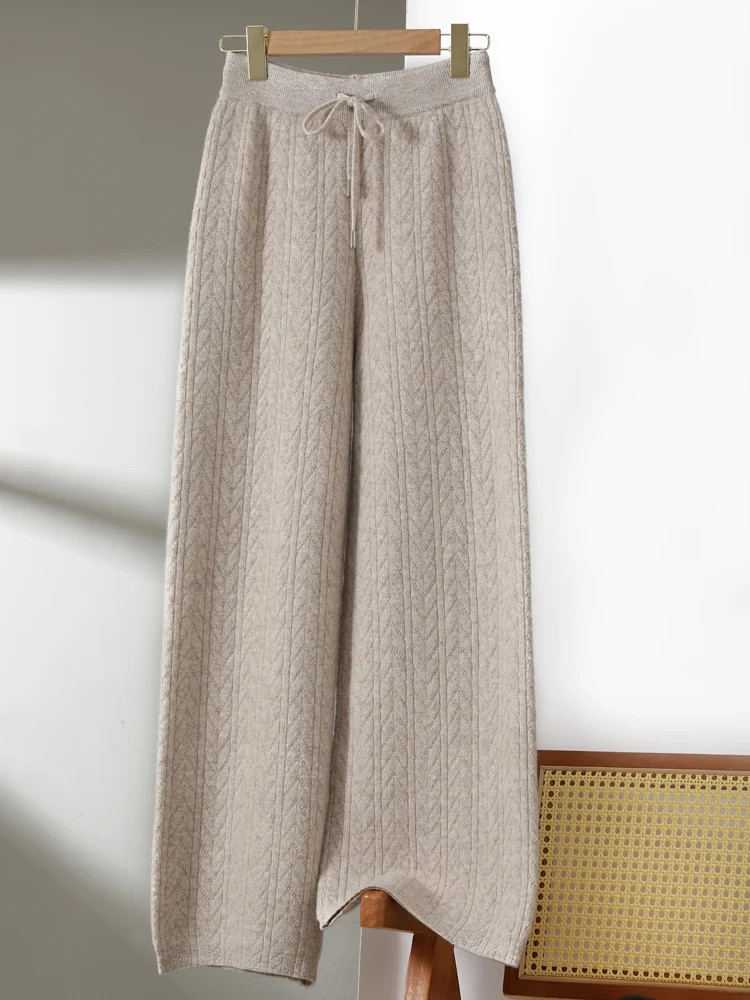 

Women 100% Merino Wool Knitted Trousers Pure Wool thickened Diamond Pattern Wide-leg Pants Autumn Winter Soft Casual Style Pants