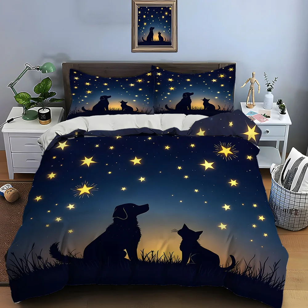 Dog and Cat Under Starry Sky Print Bedding Set 1 Duvet Cover 2 Pillowcases for Adult and Children Luxury Gift Full Size