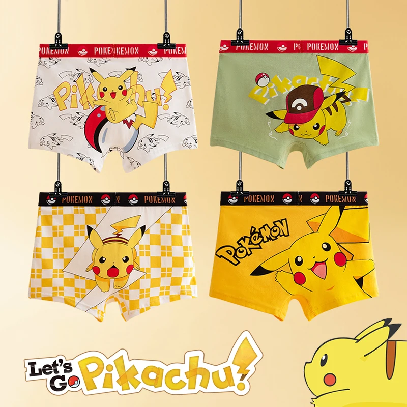 

Комплект из 4 предметов, трусики с изображением Покемона Пикачу, аниме, хлопковые боксеры, нижнее белье для мальчиков, боксеры, дышащие детские трусы, большие размеры, cuecas