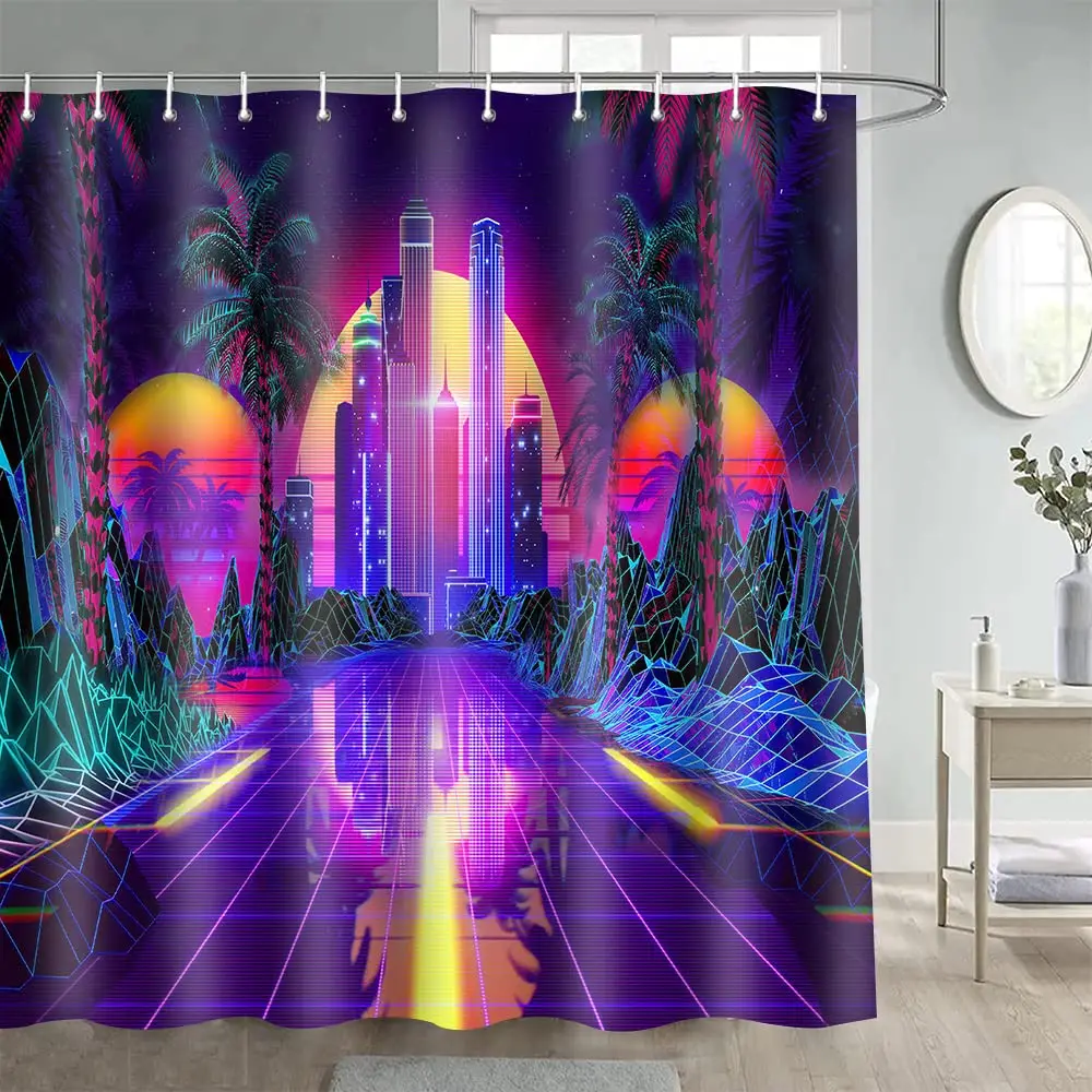 Punk Shower Curtain Retro 80s Party Sci-Fi Neon Sunset Tropical Coconut Tree Colorful Abstract Art Bathroom Curtains with Hooks