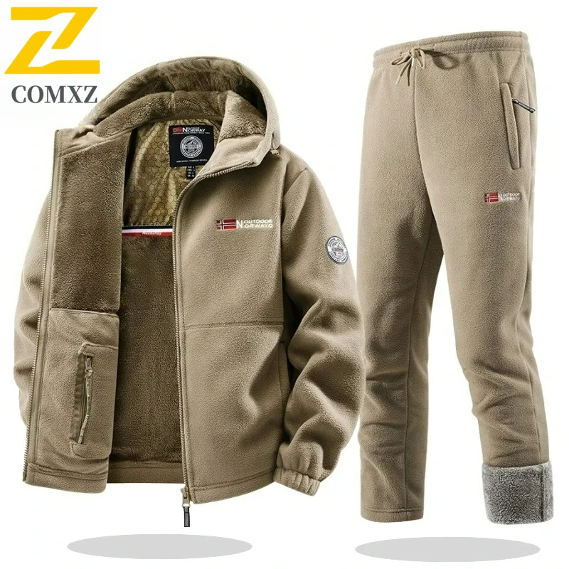 

Winter Sherpa Fleece Jacket Pants Set Unisex Outdoor Sporty Couple Hoodie British Norwegian Style Fishing Camping Warm Clothing