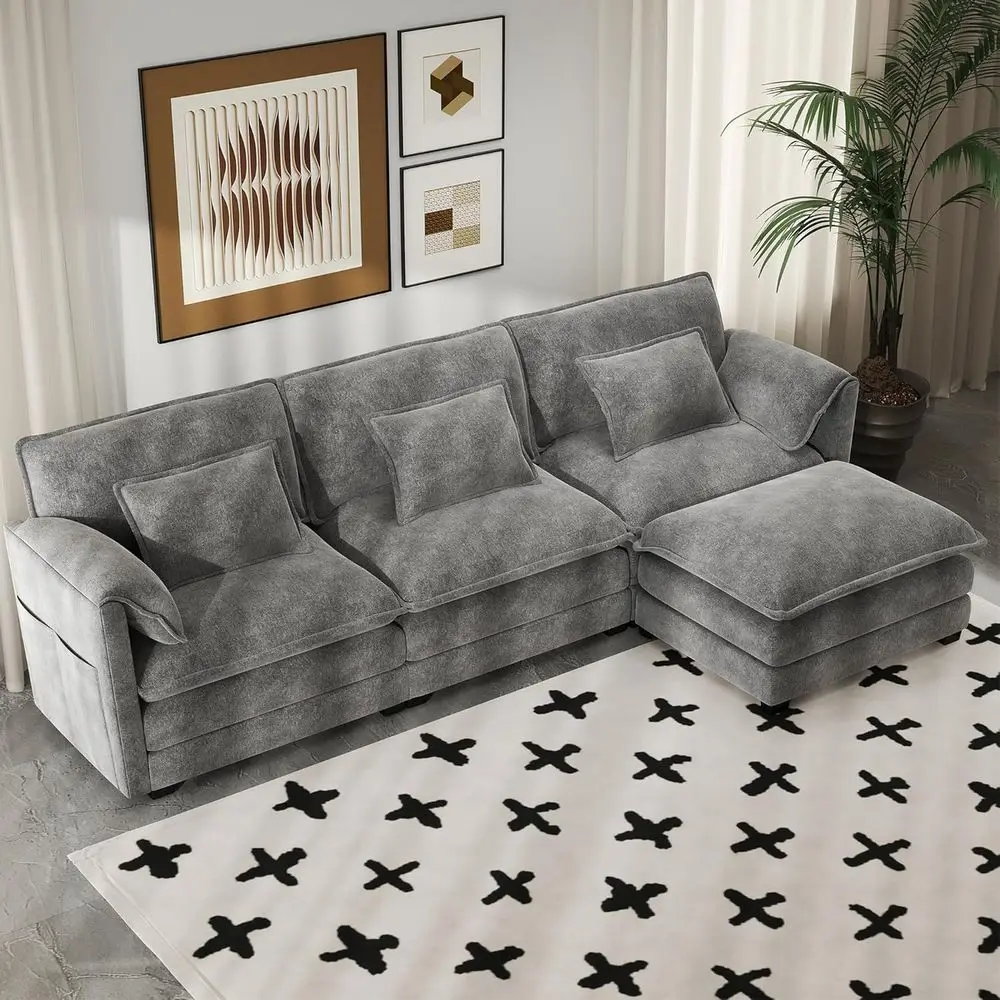 

Угловой диван из синели с оттоманкой, 6+2 подушки, для гостиной и офиса, серый