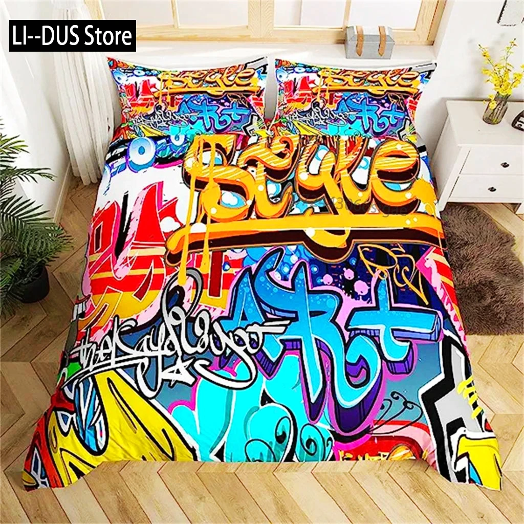 

Graffiti Duvet Cover Bedding Set For Teens Boys Colorful Graffiti Rock Music Sports Duvet Cover Kids Hip Hop Art Quilt Cover