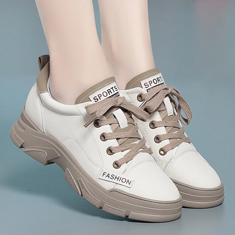 

Spring Non-slip Soft Leather Sneaker Trekking Footwear New Women's Thick-soled Lace-up Leisure Skateboard Sports Shoes