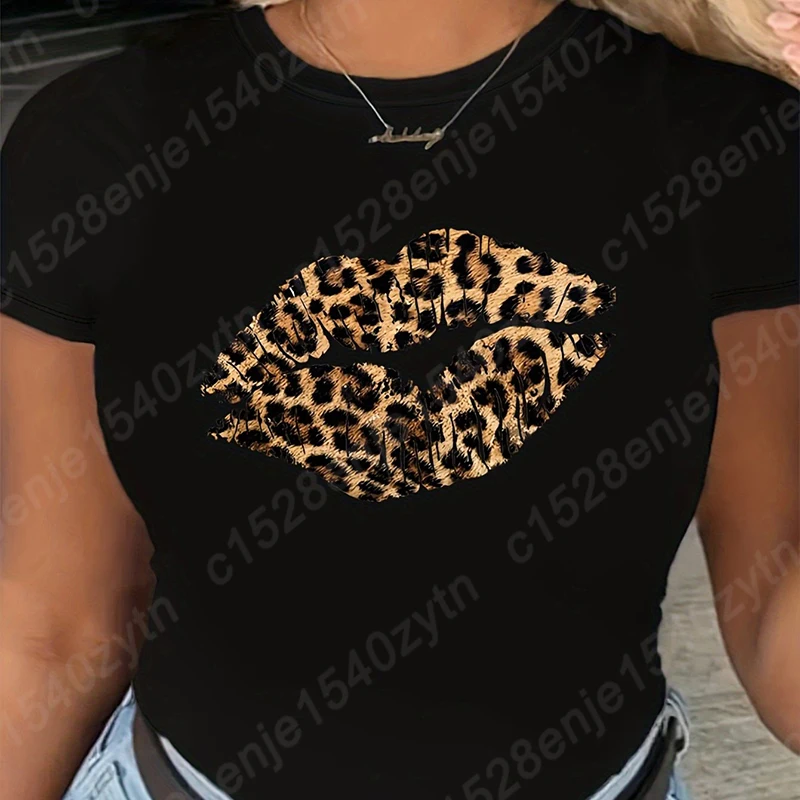 Leopard Lip Graphic T-Shirt Women Summer Short Sleeve Tee Shirt Hot Selling Round Neck T Shirt Casual Ladies Plus Size Tees Tops